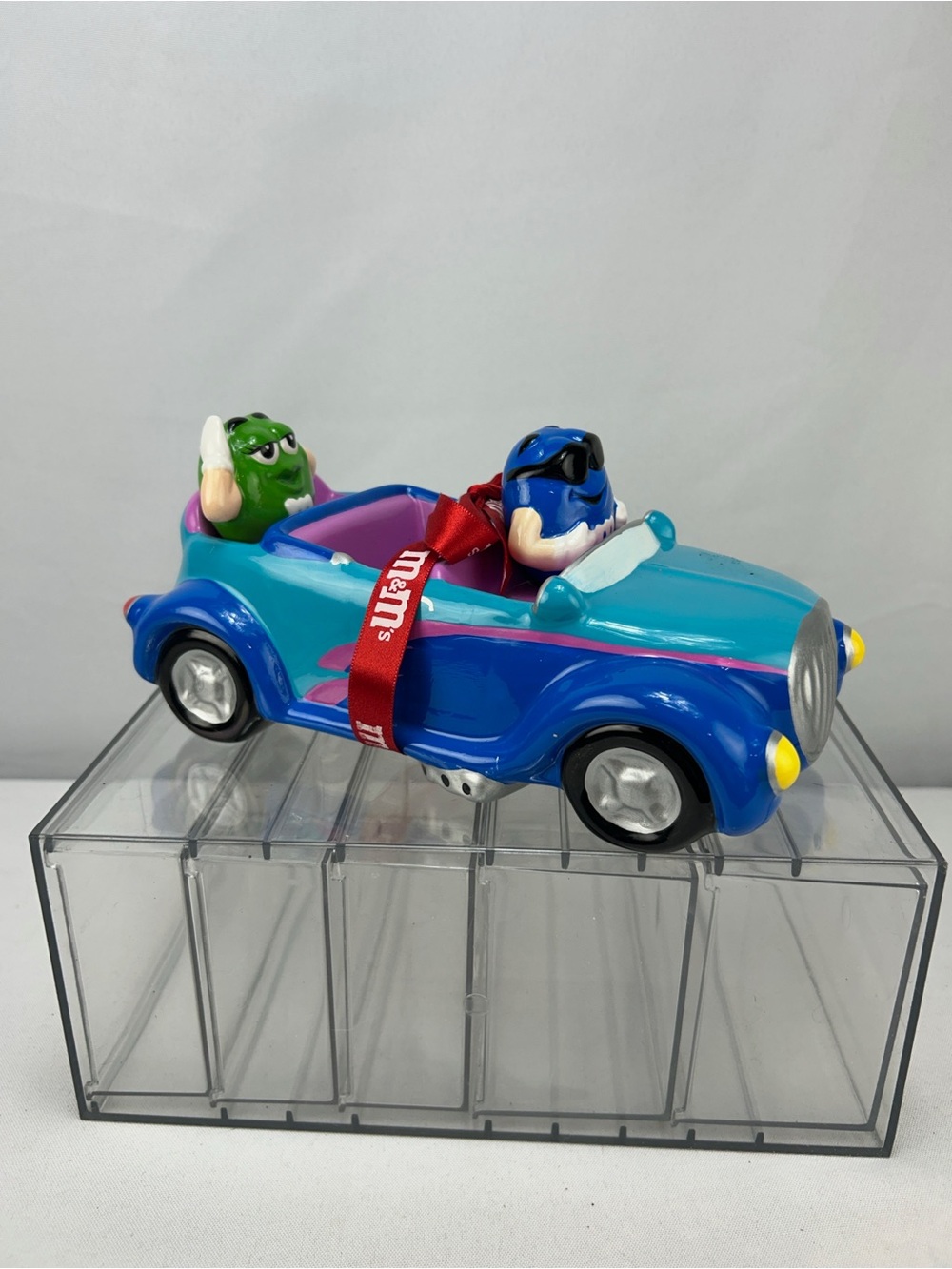 M&M'S Blue & Green Characters in Teal and Royal Blue Toy Car with Red Ribbon